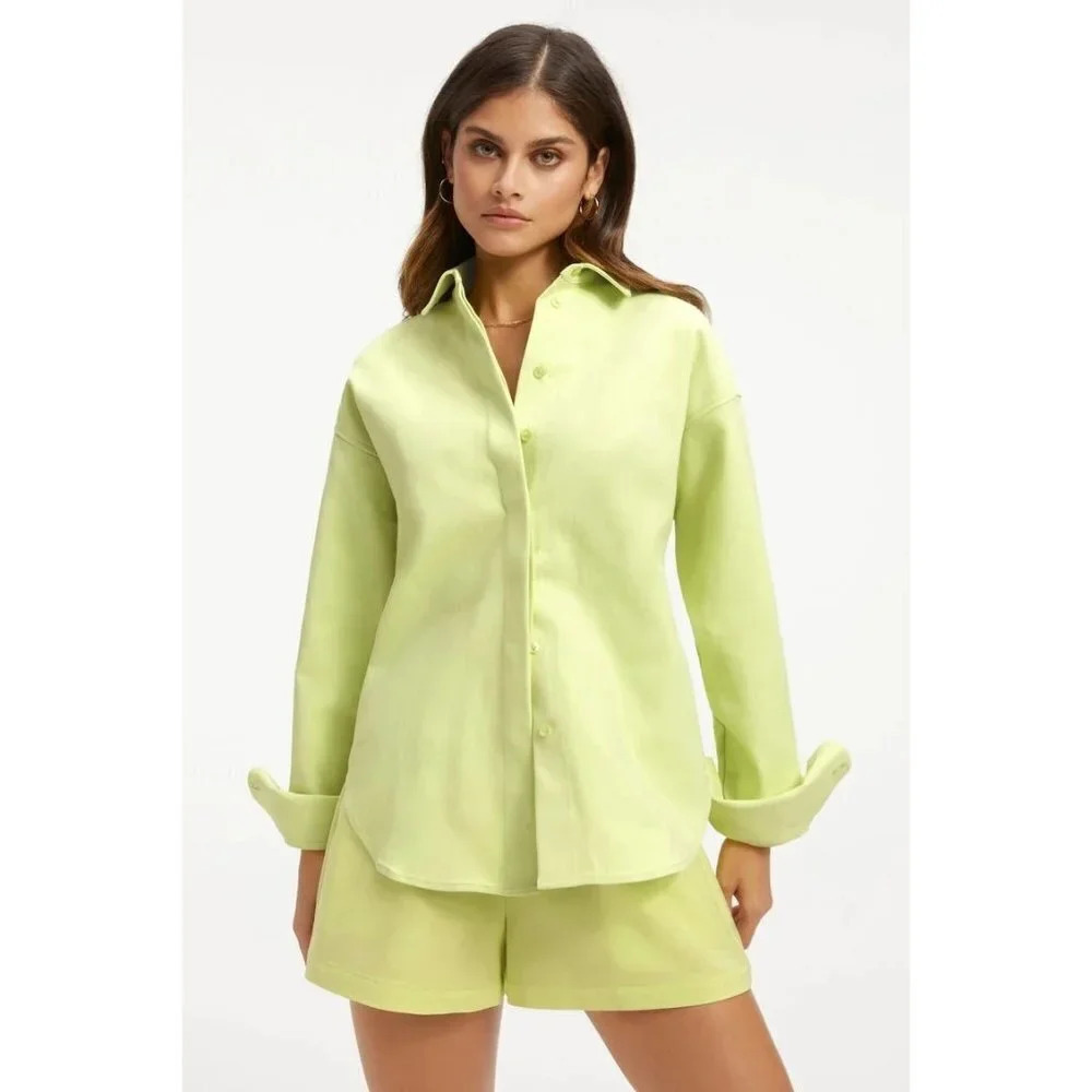 Good American Weekend Shirt in Green 00/0 XSmall Womens Button Down Blouse Top